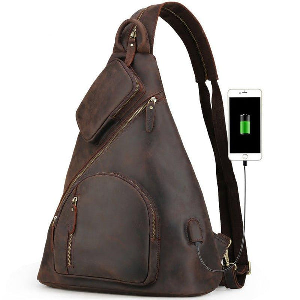 Casual Leather Sling Backpack with USB Port