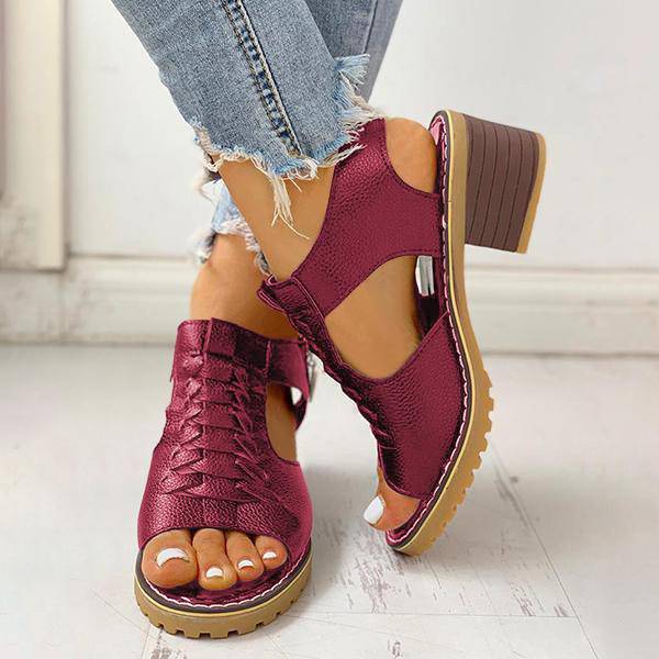 Sursell Peep Toe Cutout Zipper Chunky Heeled Sandals - JustCuban