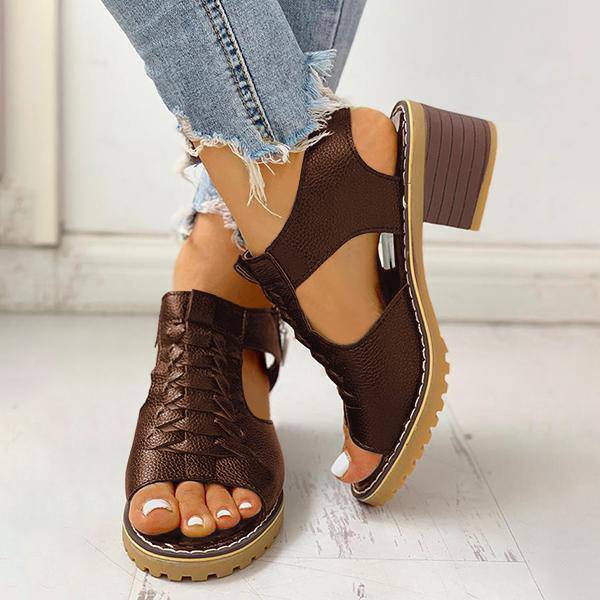 Sursell Peep Toe Cutout Zipper Chunky Heeled Sandals - JustCuban